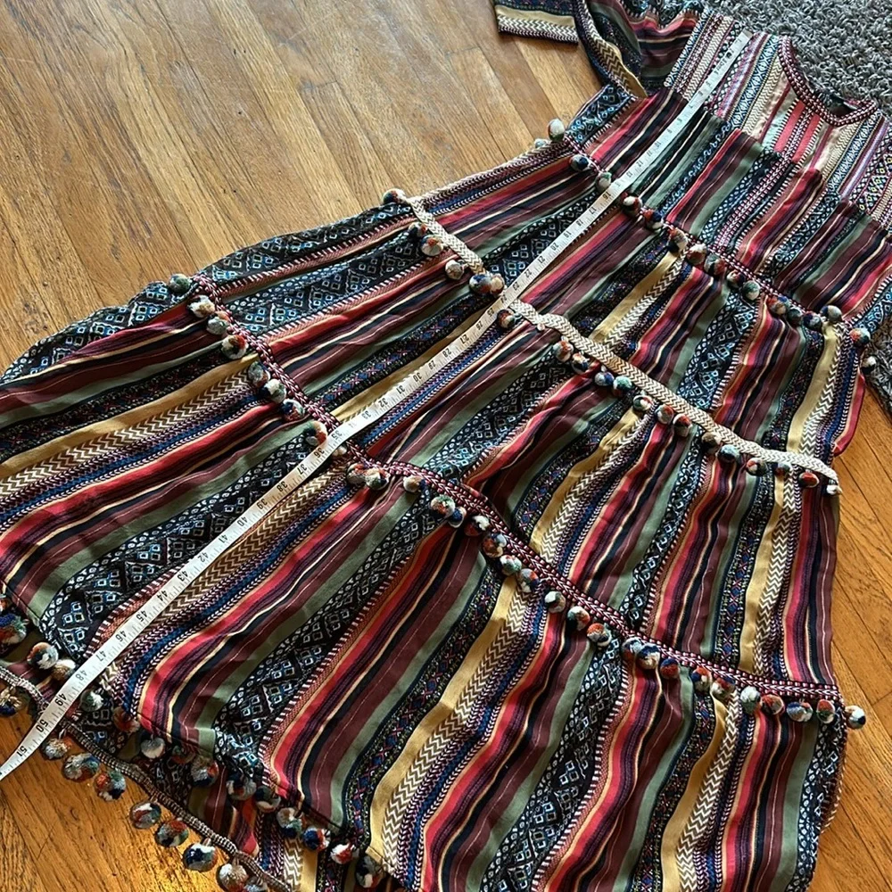 Zara Multicolor Pom Pom Trim Tiered Boho Maxi Dress Size Medium - Picture 10 of 16